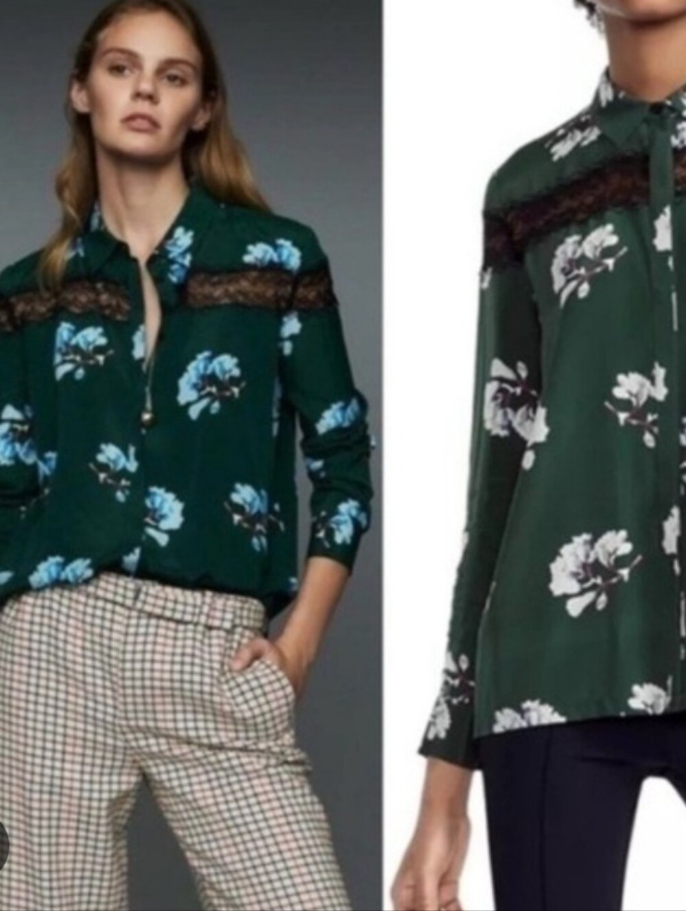 Maje Silk Blend Green Floral Button-Down with Black Lace Trim